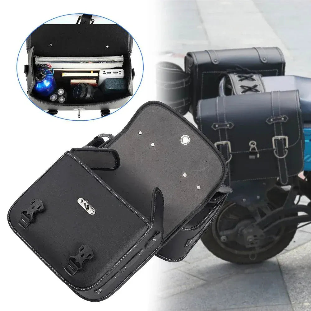 Large black Motorcycle SaddleBag mounted on a Harley-Davidson motorcycle side for durable and stylish storage