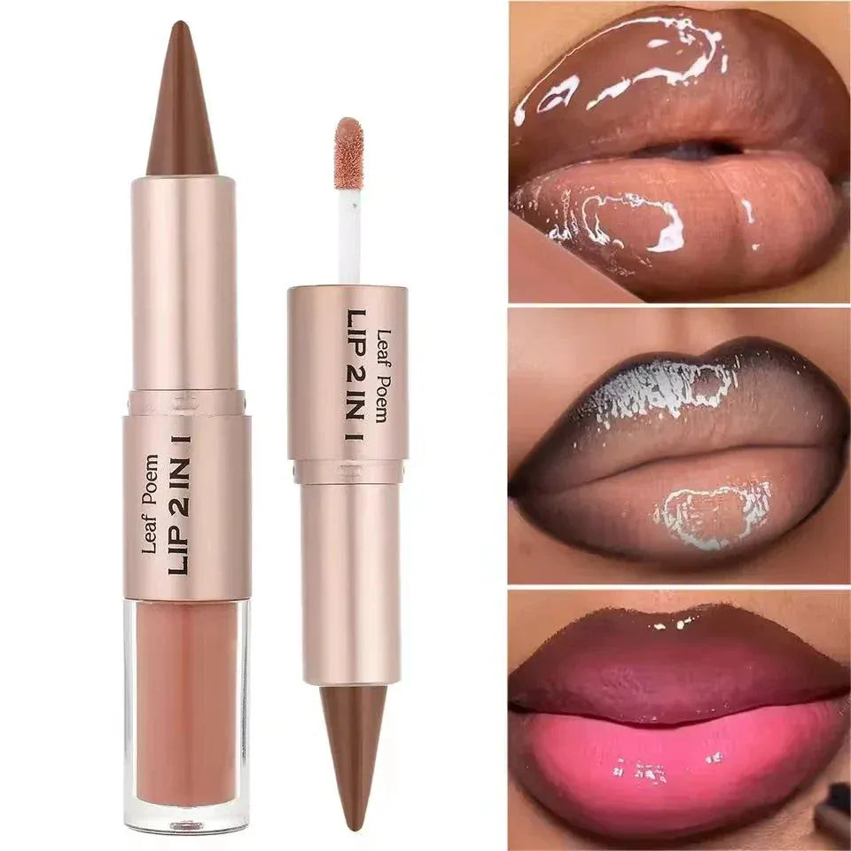 Dual-ended lip liner contour pencil with plumping gloss for defined and glossy lips