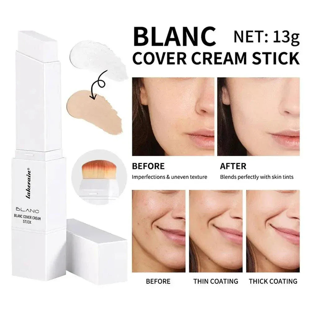 Two-in-one color-changing foundation stick blending foundation and concealer for natural, lightweight coverage.