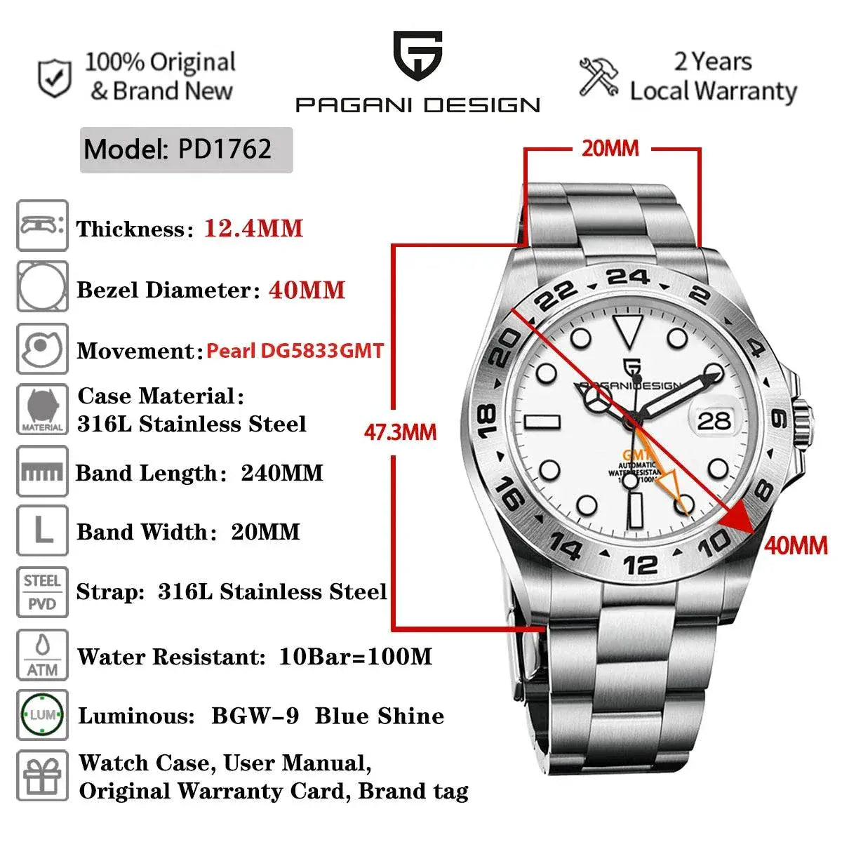 PAGANI DESIGN GMT automatic mechanical watch with stainless steel case and sapphire crystal
