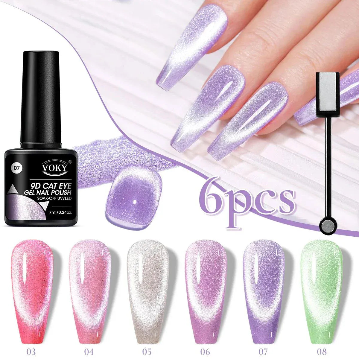 6-piece glitter cat magnetic gel nail polish set with holographic sparkle and shine