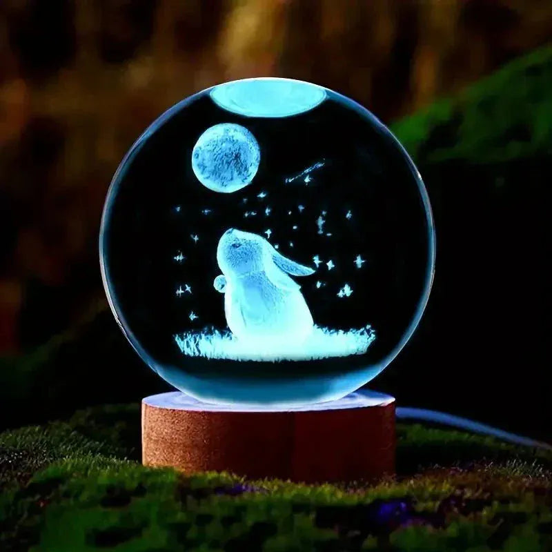 3D Rabbit Moon Crystal Ball  -  Carved Glass Night Light for Decor.