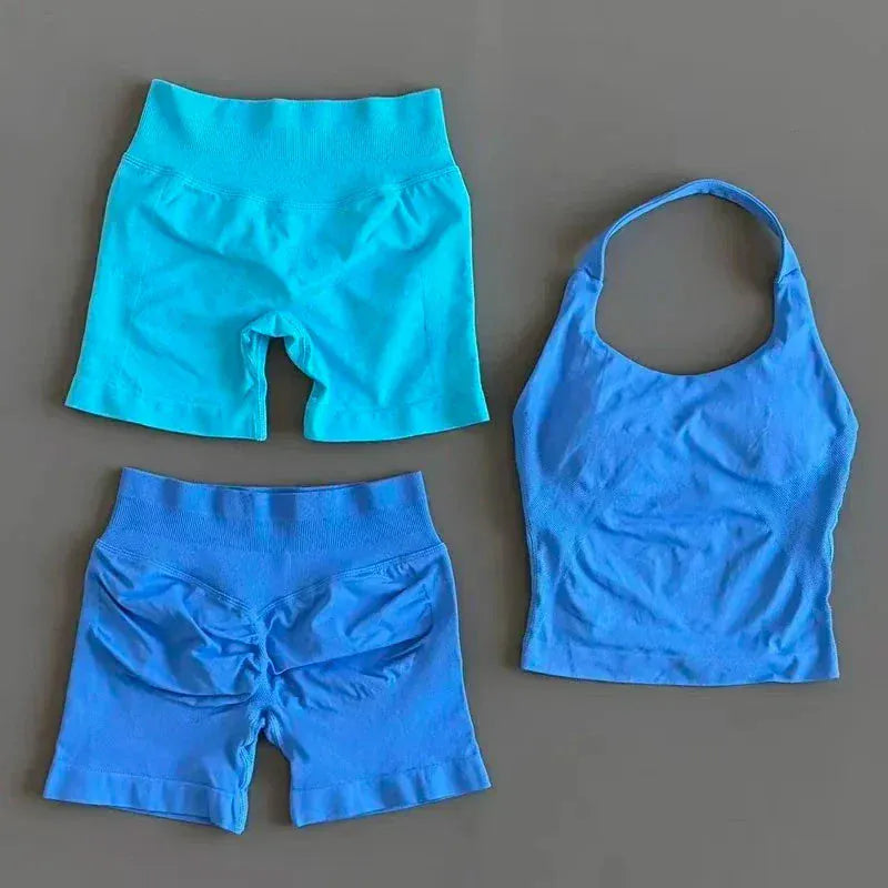 Two-piece HISTERLLO halter top and shorts seamless yoga workout set for women