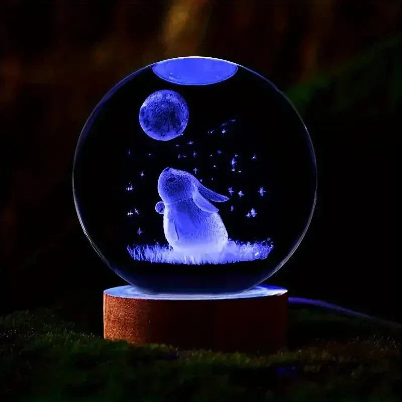 3D Rabbit Moon Crystal Ball  -  Carved Glass Night Light for Decor.