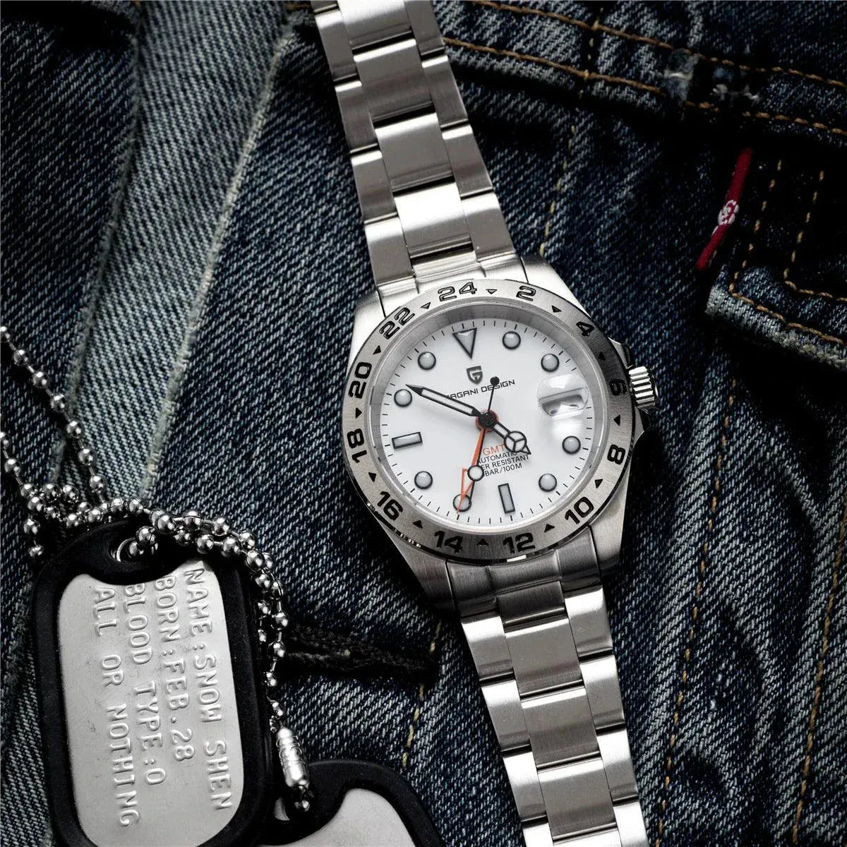 PAGANI DESIGN GMT automatic mechanical watch with stainless steel case and blue luminescent hands