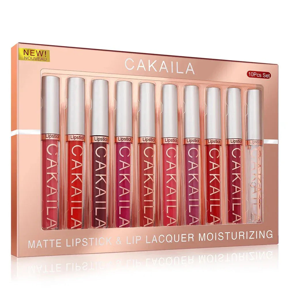 10-piece nude matte lip gloss set with smooth velvet texture and long-lasting waterproof formula