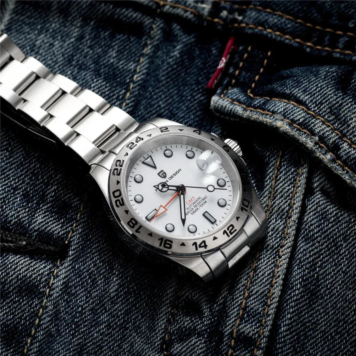 PAGANI DESIGN GMT Automatic Mechanical Watch with stainless steel case and blue luminous hands