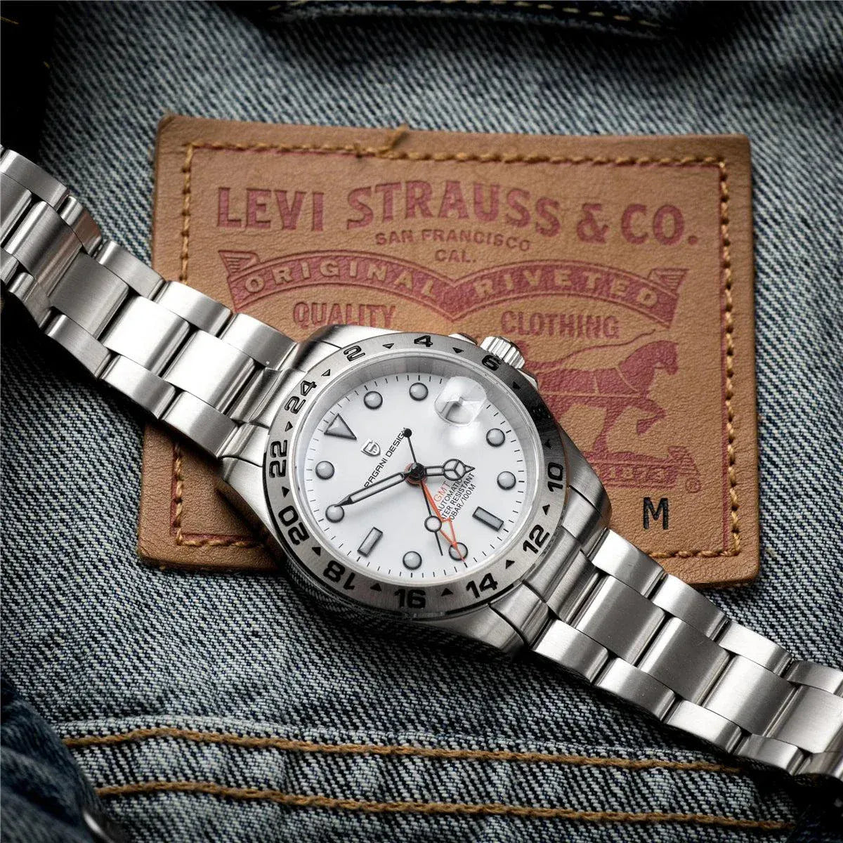 PAGANI DESIGN 2026 DG5833 men's GMT automatic stainless steel wristwatch with blue luminous markers and sapphire crystal