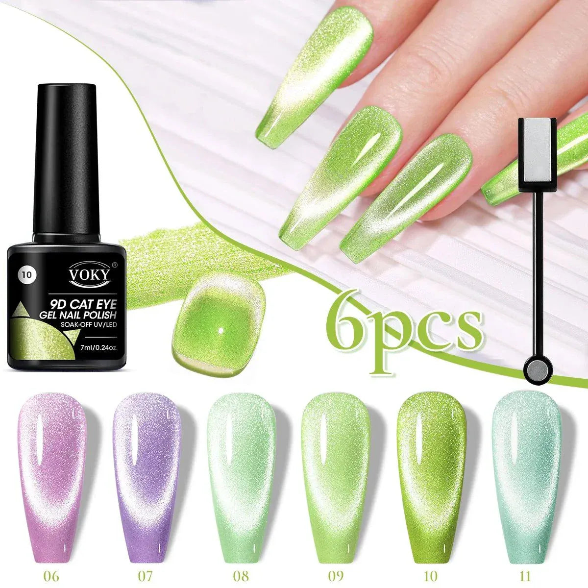 6-piece glitter cat magnetic gel polish set with holographic sparkle and cat eye effect