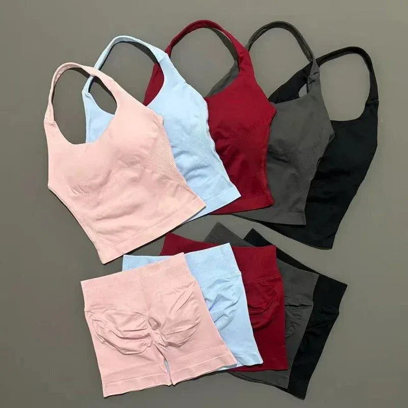 2 Pcs HISTELLO Halter Top and Shorts Seamless Yoga Workout Set for Women