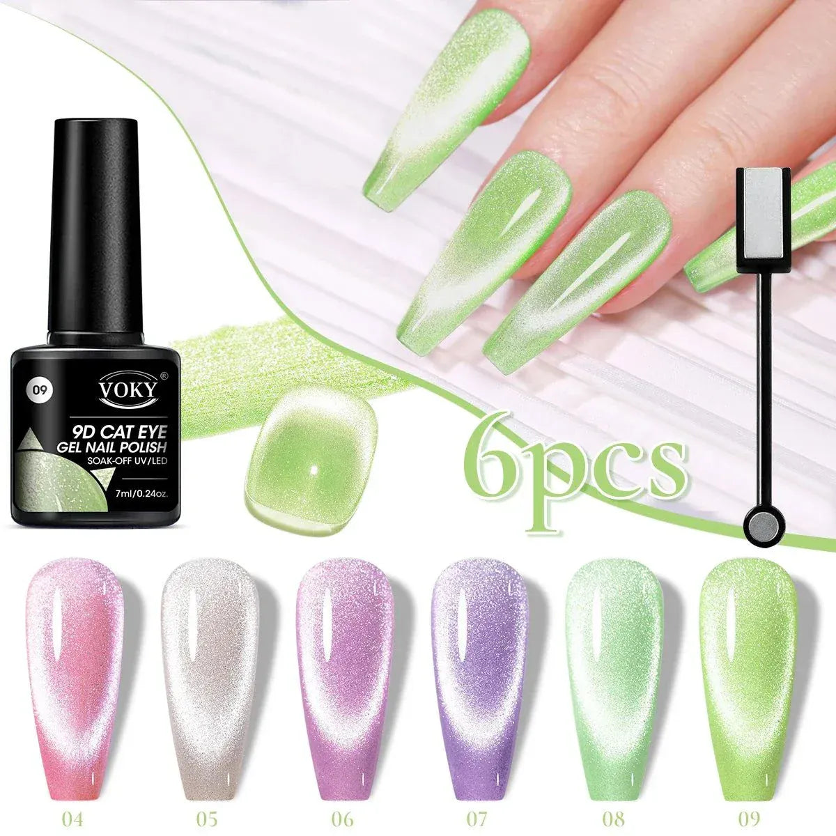 6-piece Glitter Cat Magnetic gel polish set with sparkling cat eye effects and holographic glitter