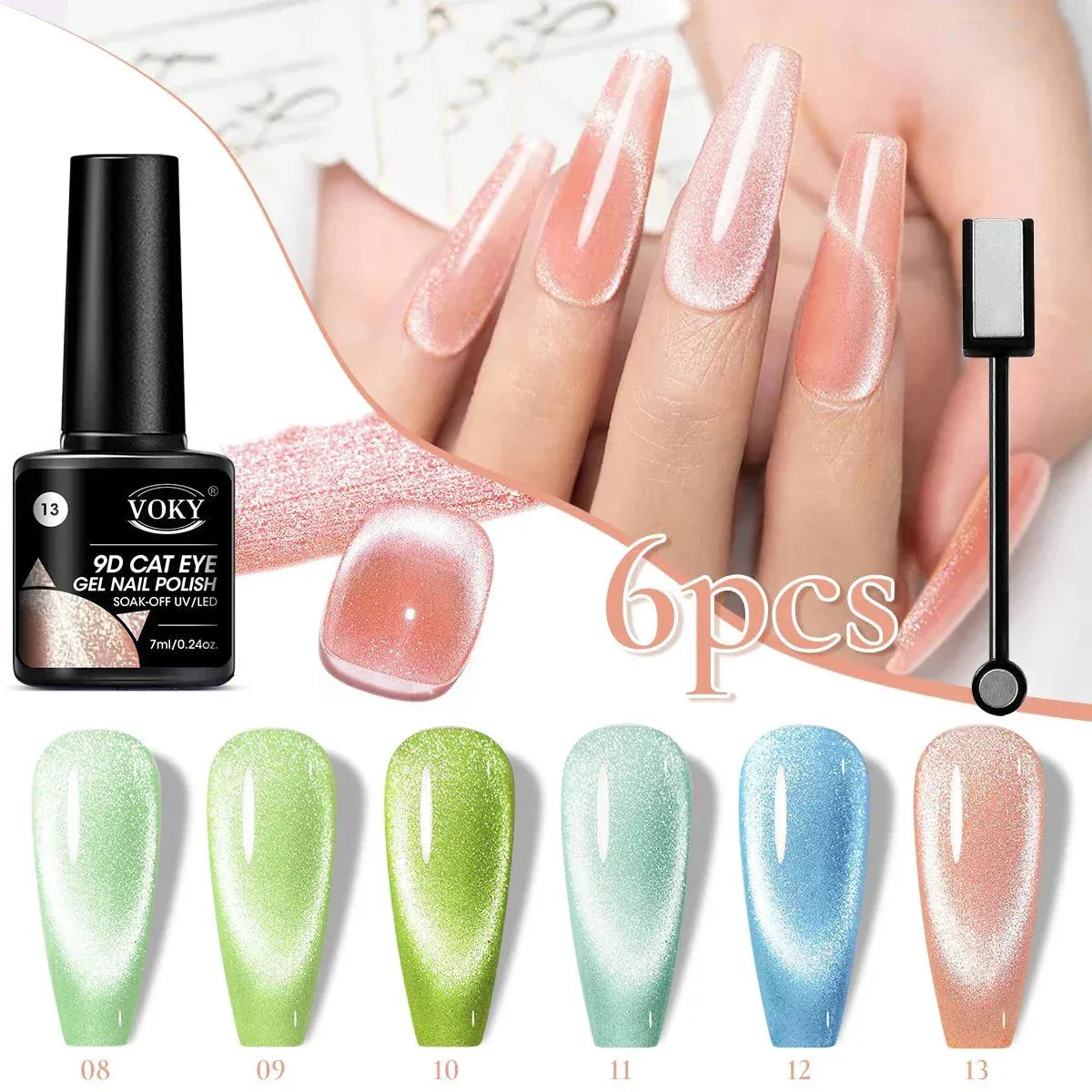 6-piece glitter cat magnetic gel polish set with holographic cat eye effect and sparkling finish