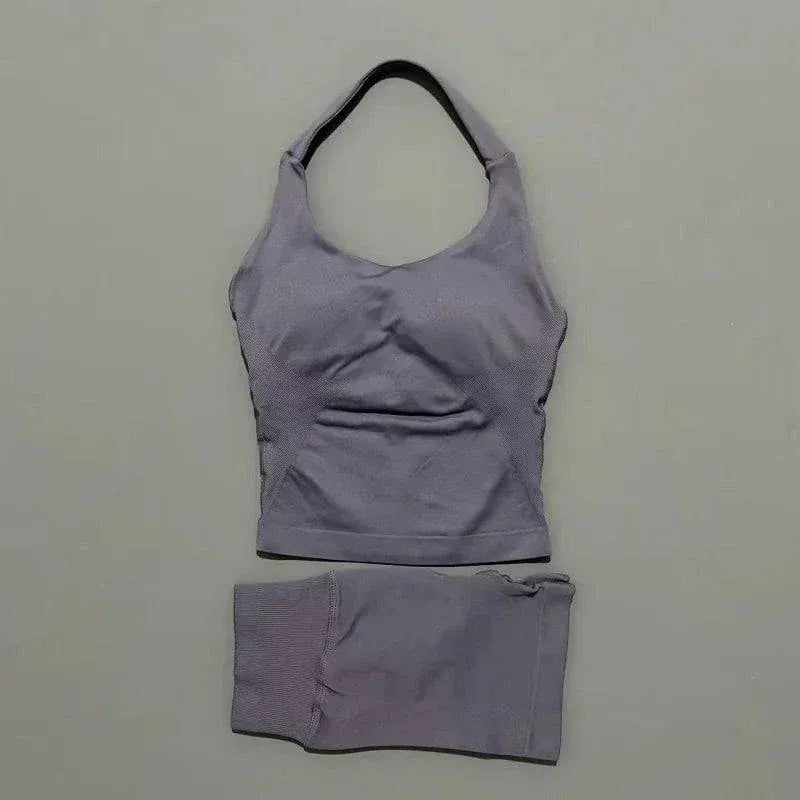 Women wearing seamless HISTERLLO Halter Top and shorts yoga workout set