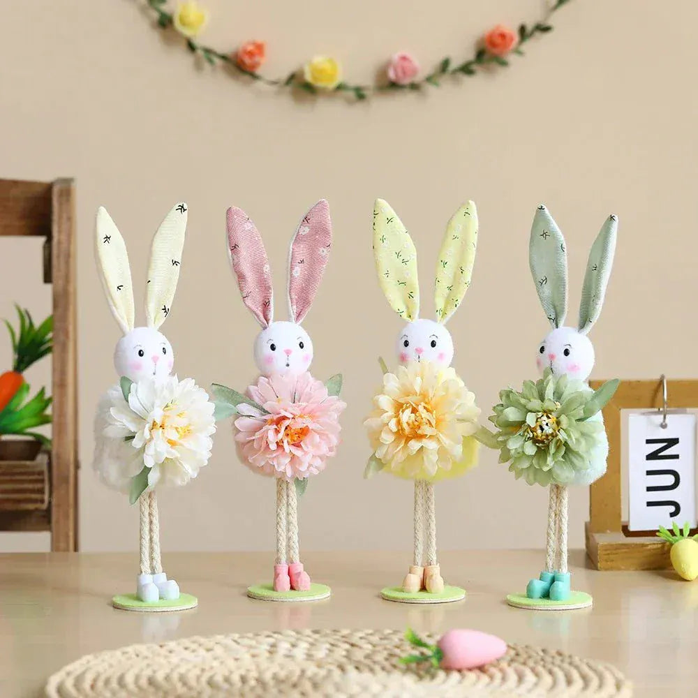 Easter Bunny Decor cloth bunny doll with white, yellow, green, and pink flower yarn skirt ornament for home and kids gifts