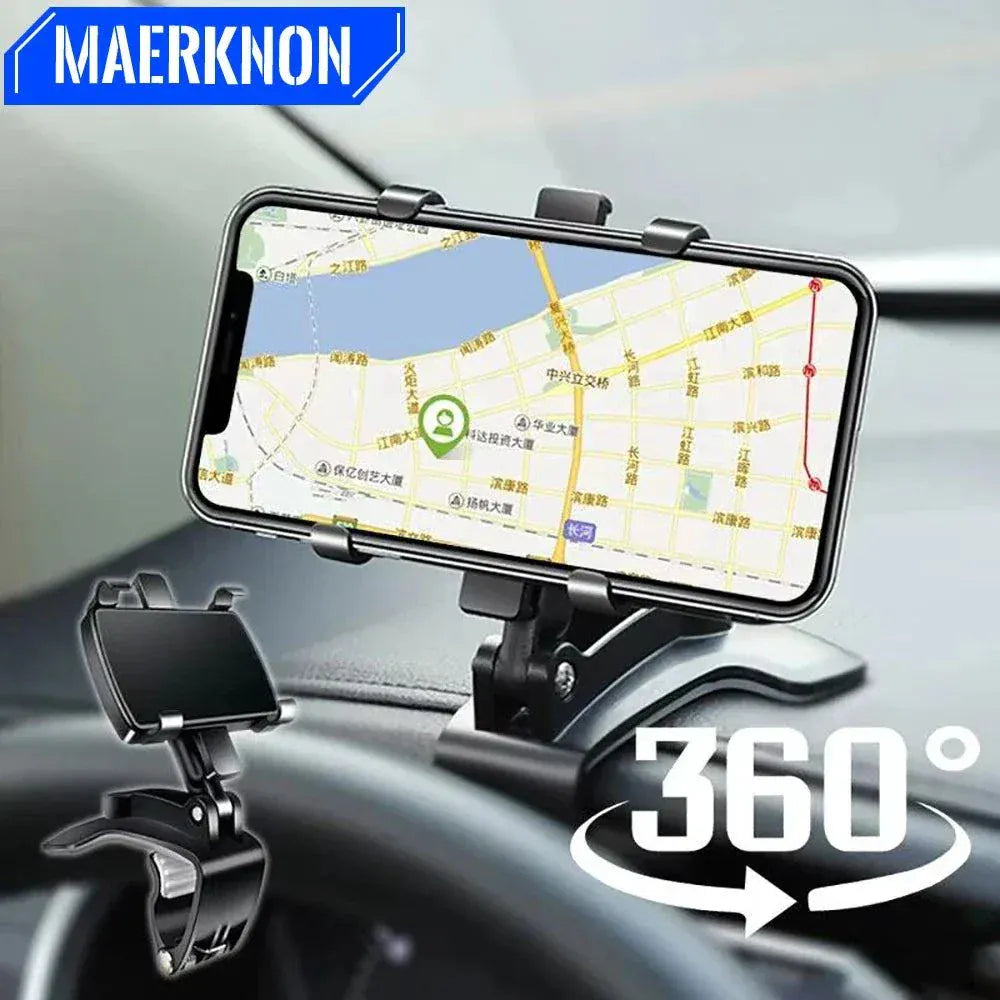 Universal car dashboard phone holder with 360° rotation for iPhone, Samsung, Xiaomi GPS navigation and adjustable bracket in black