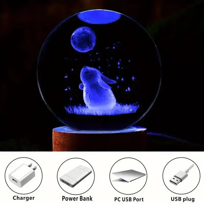 3D Rabbit Moon Crystal Ball  -  Carved Glass Night Light for Decor.