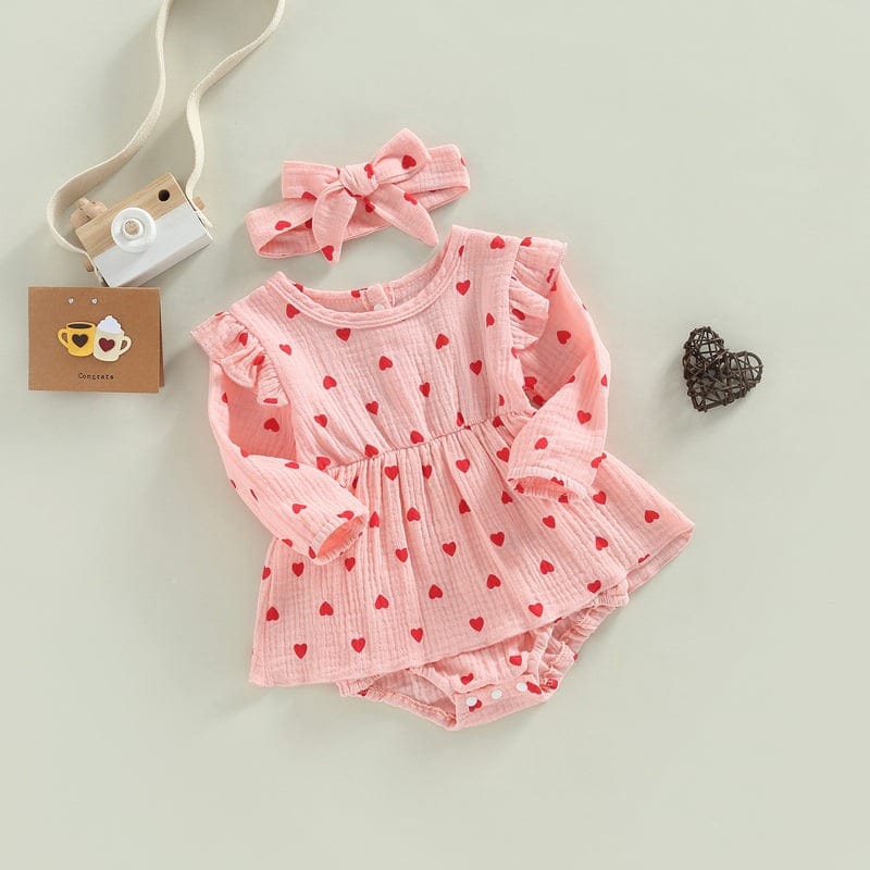 Romper Dress for Baby Girls - Valentine's Day Long Sleeve Jumpsuit.