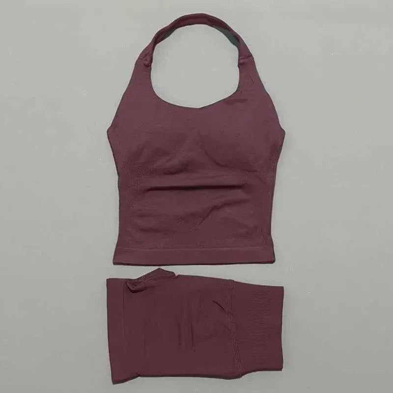 2 Pcs HISTELLO Halter Top Strappy Bra and Shorts Seamless Yoga Workout Set for Women