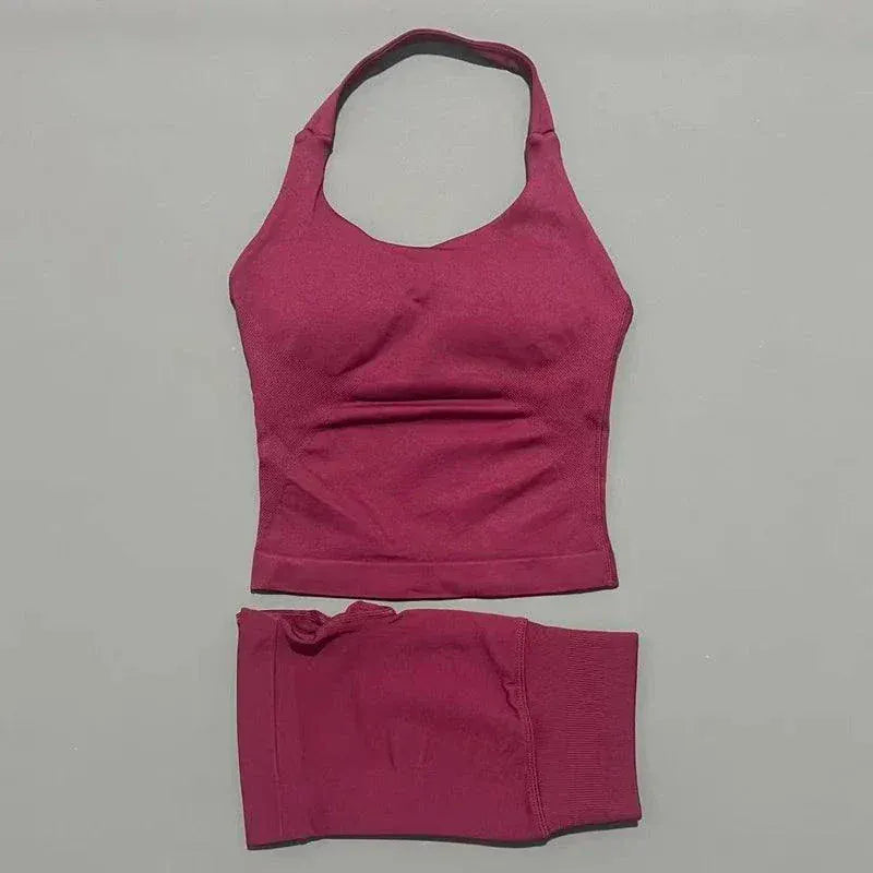 HISTELLO Halter Top and Shorts Seamless Yoga Workout Set for Women