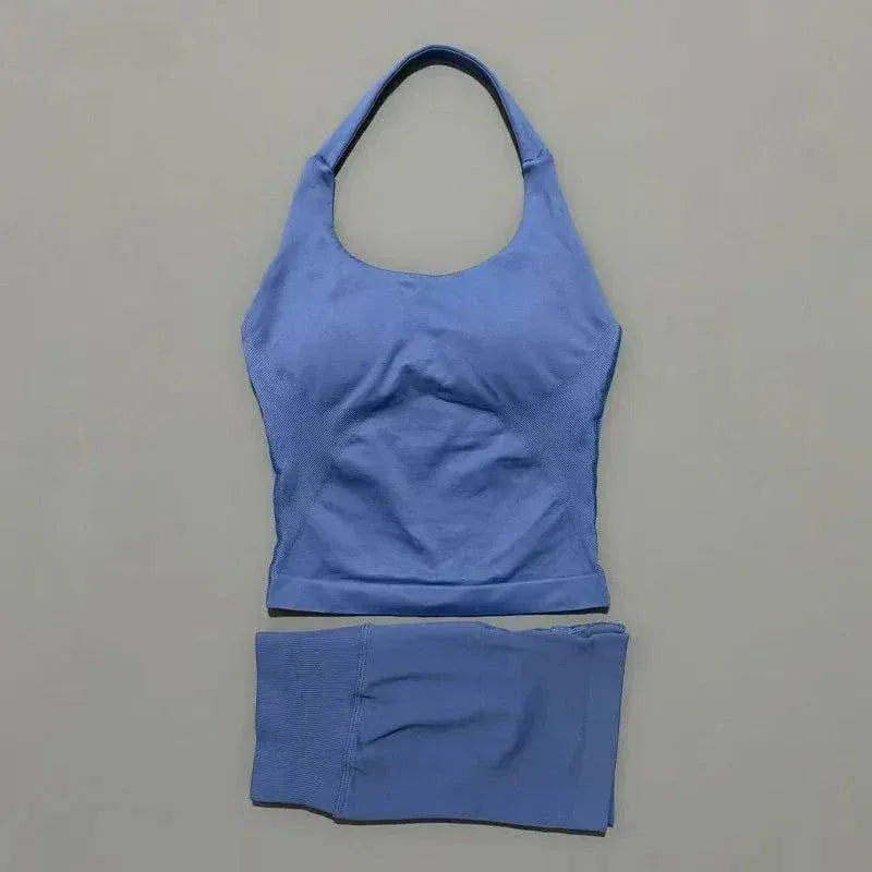 2 pcs HISTELLO halter top and strappy bra shorts set for women seamless yoga workout clothes