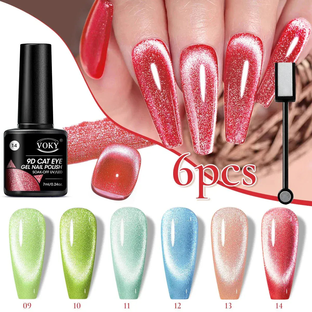 6-piece Glitter Cat Magnetic cat eye gel polish set with holographic sparkle and resin shine