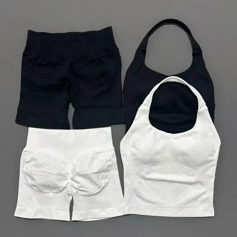 Women wearing HISTERLLO Halter Top strappy bra and shorts seamless yoga workout set