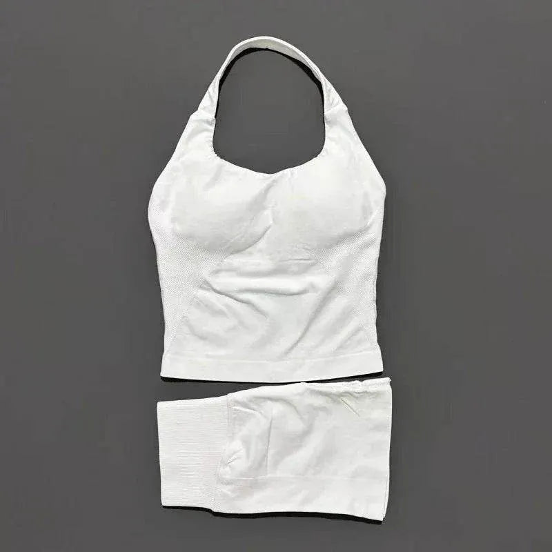 HISTELLO women's seamless halter top and shorts yoga workout set in nylon spandex