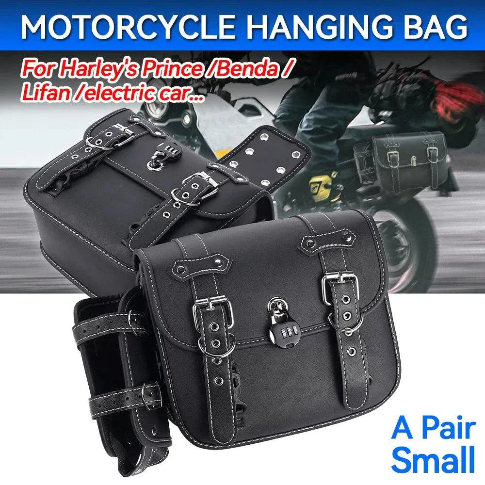 Large black motorcycle saddlebag attached to a Harley-Davidson bike for secure side storage
