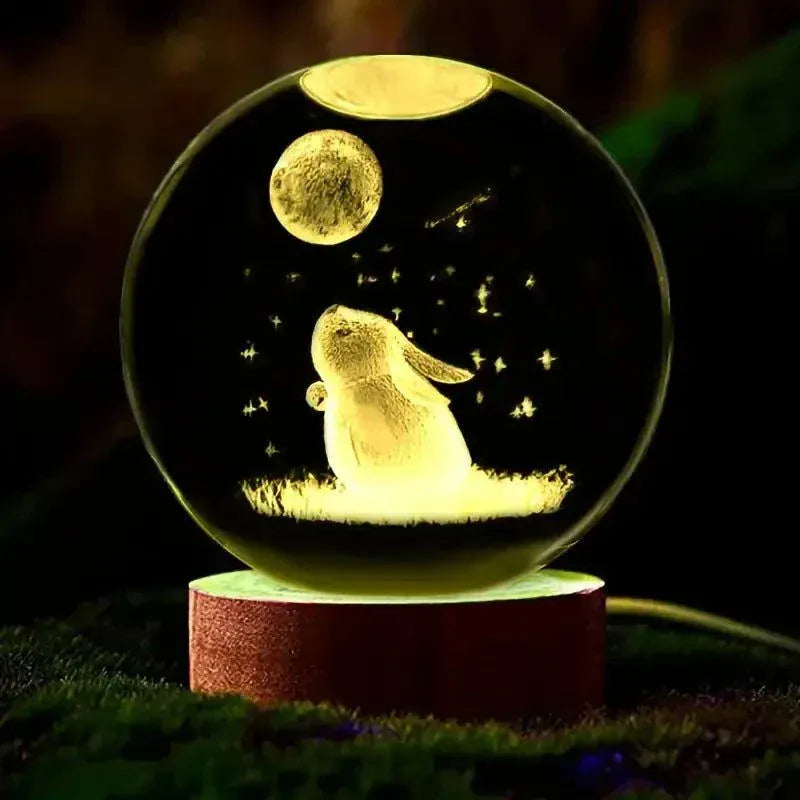 3D Rabbit Moon Crystal Ball  -  Carved Glass Night Light for Decor.