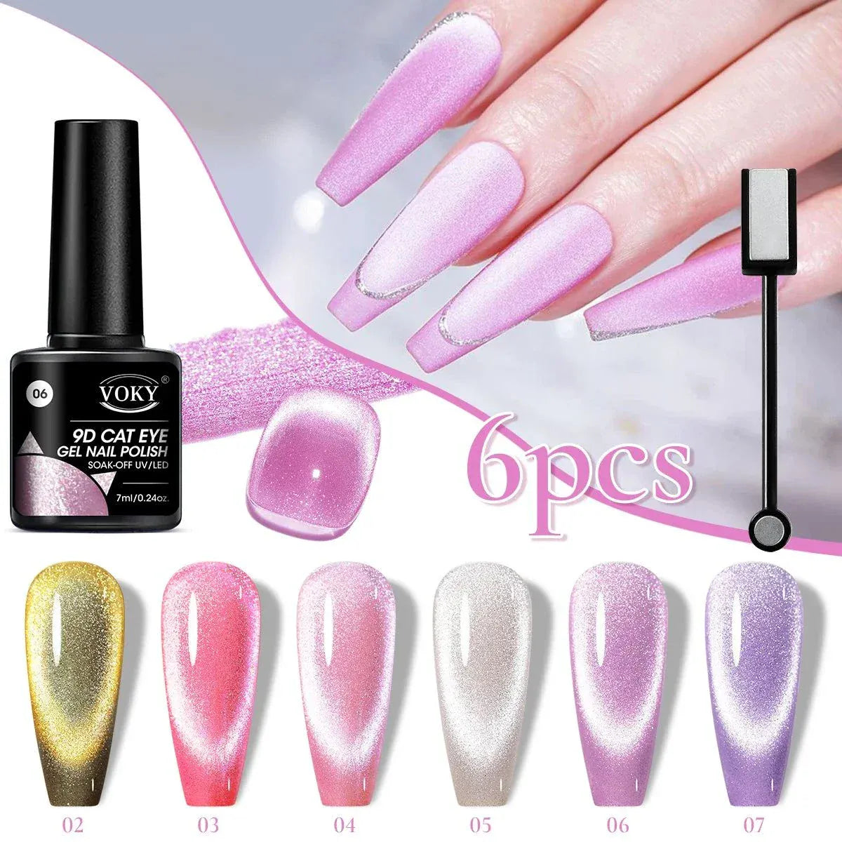 6-piece glitter cat magnetic gel polish set with holographic cat eye effect
