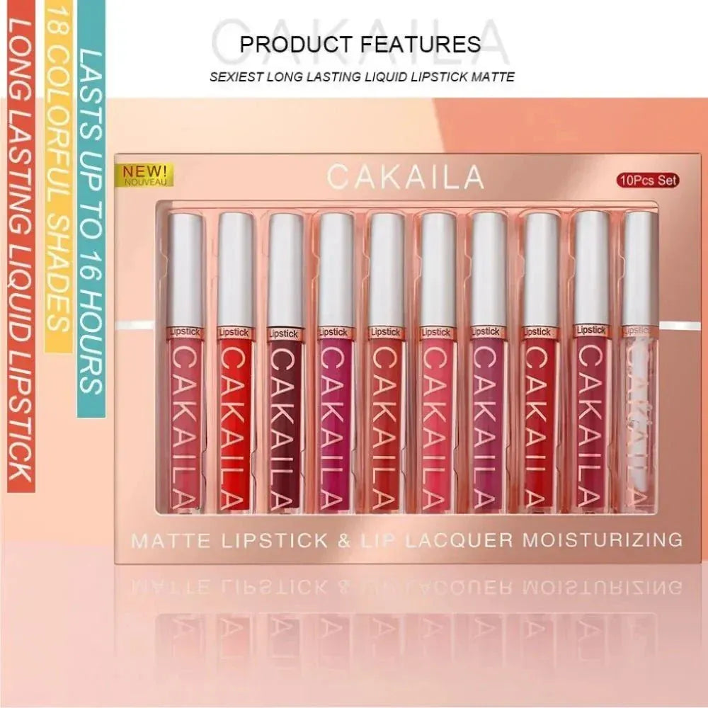 10-piece nude lip gloss set with smooth velvet texture and soft matte finish
