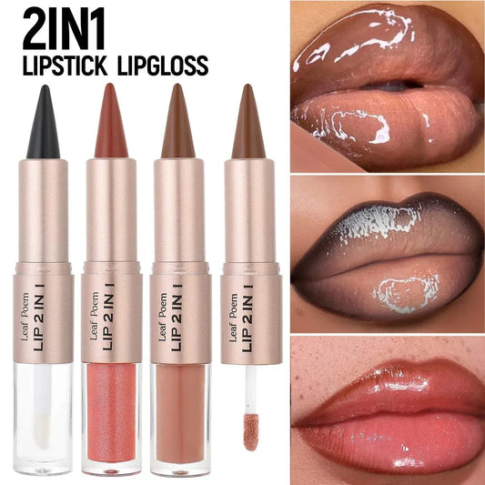 Double head lip liner contour pencil with plumping lip gloss in nude shades and glossy finish on lips