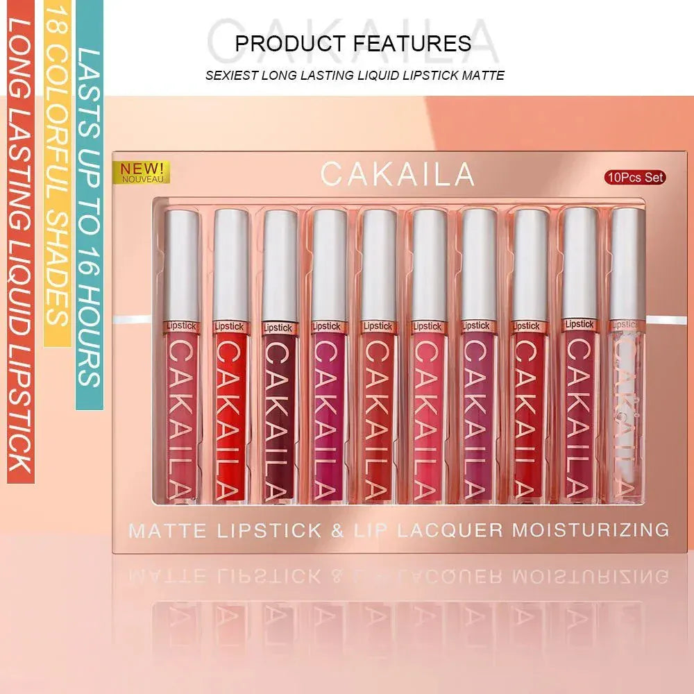 10-piece nude matte lip gloss set with smooth velvet texture and long-lasting waterproof formula