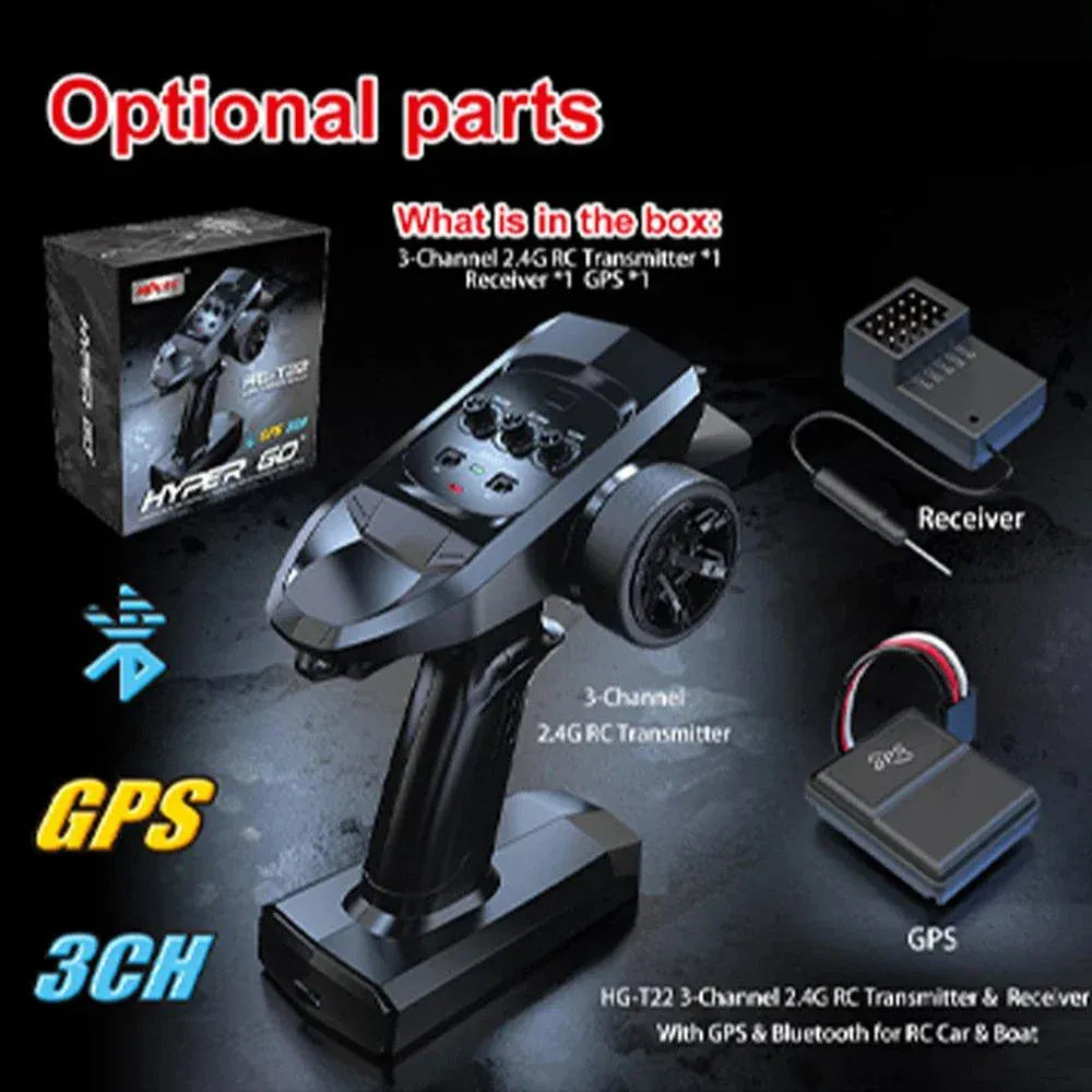 Red and yellow remote control car toy on a wooden surface with green outdoor background