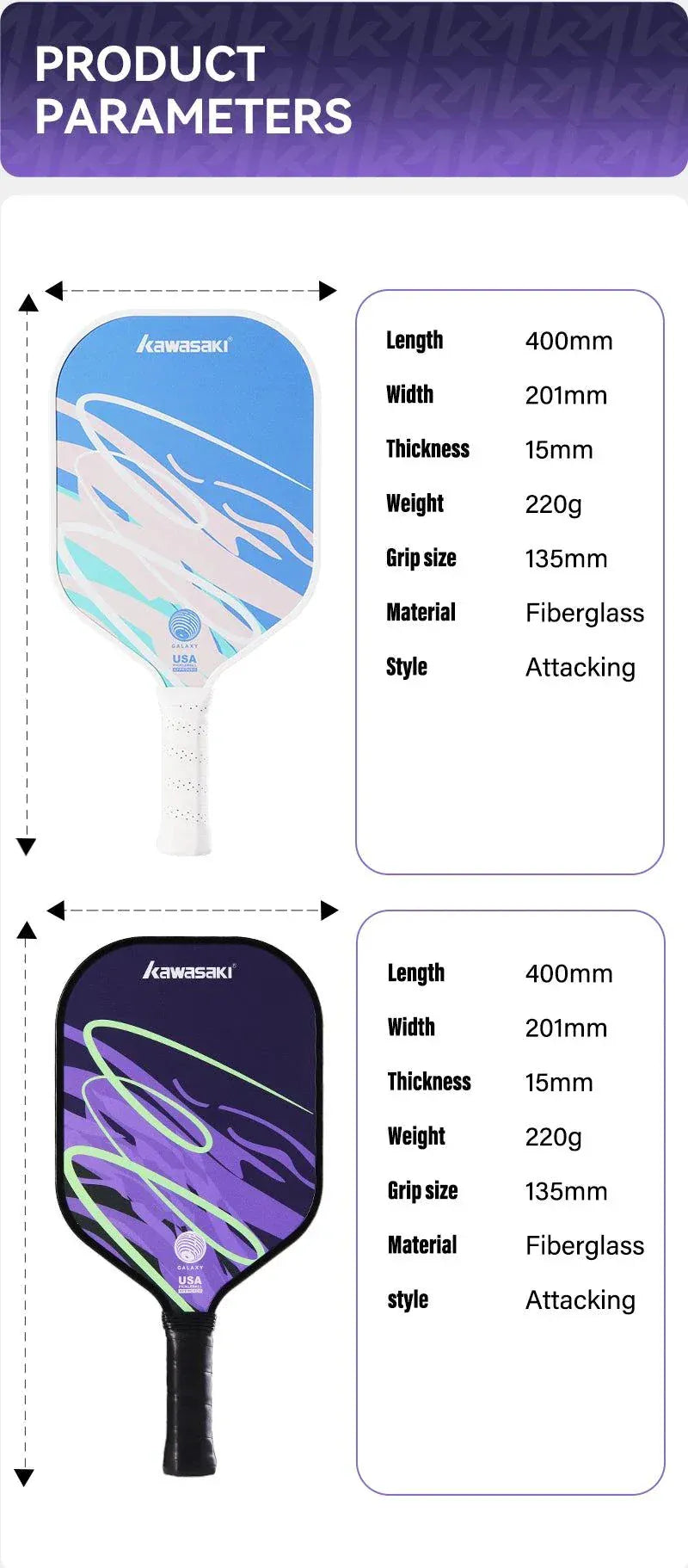 Kawasaki Pickleball Paddle Durable PP Honeycomb Core Fiberglass Surface Pickle Ball For Men Women Beginners