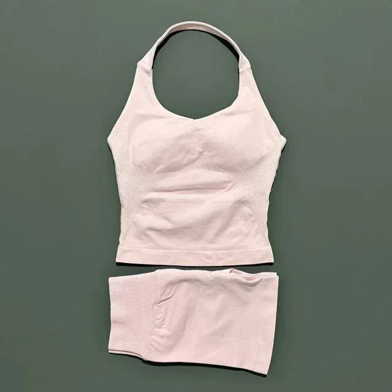 2 Pcs HISTELLO Halter Top and Shorts Seamless Yoga Workout Set for Women