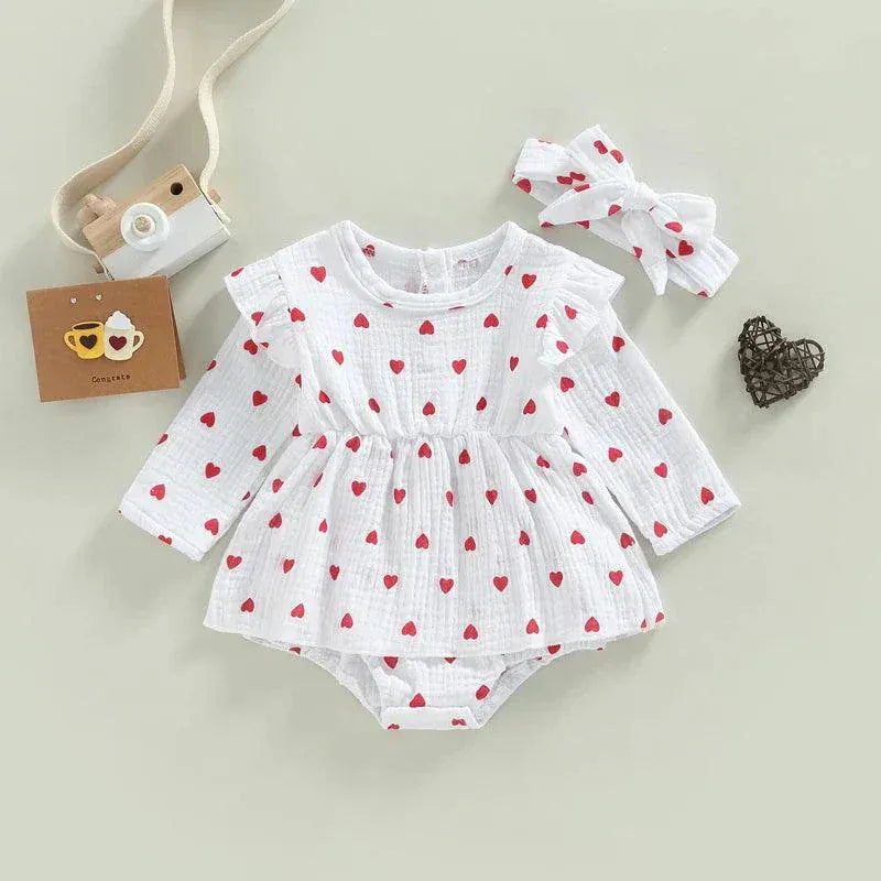 Romper Dress for Baby Girls - Valentine's Day Long Sleeve Jumpsuit.