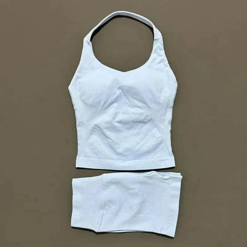 2 pcs HISTELLO Halter Top seamless strappy bra and shorts yoga workout set for women