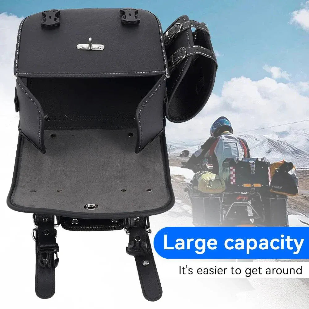 Large black Motorcycle SaddleBag mounted on a Harley motorcycle for side storage