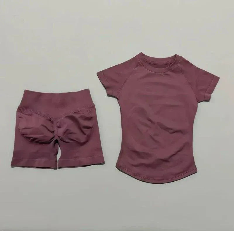 Woman wearing Impact Sports Sets seamless yoga top and workout shorts in workout poses