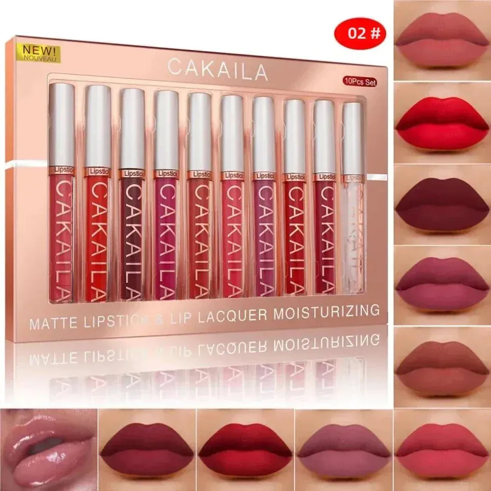 10-piece Nude Lip Gloss Set with matte velvet finish and waterproof formula