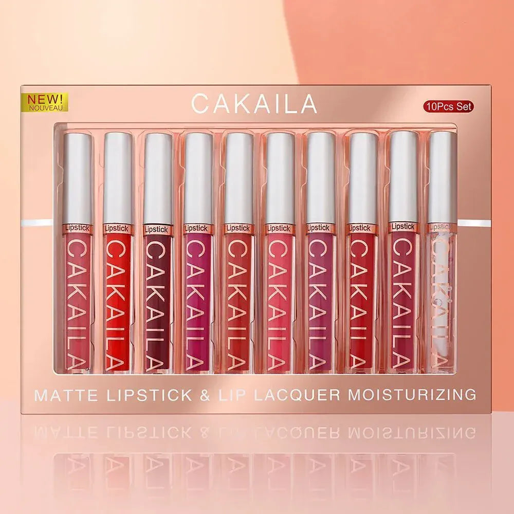 10-piece nude matte lip gloss set with smooth velvet texture and long-lasting waterproof formula