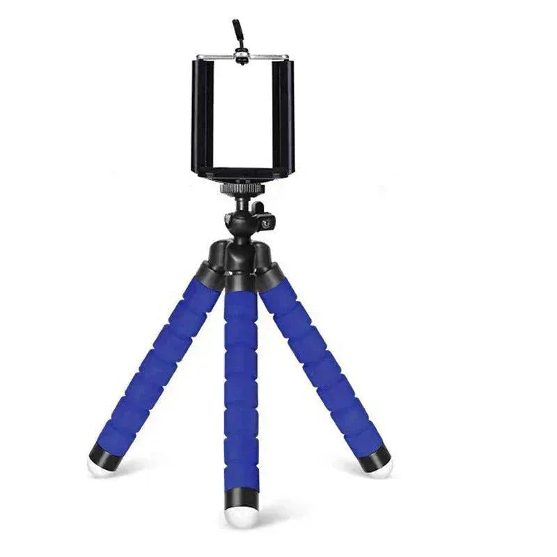 Compact blue mini tripod with flexible legs and smartphone holder clip for mobile and camera use