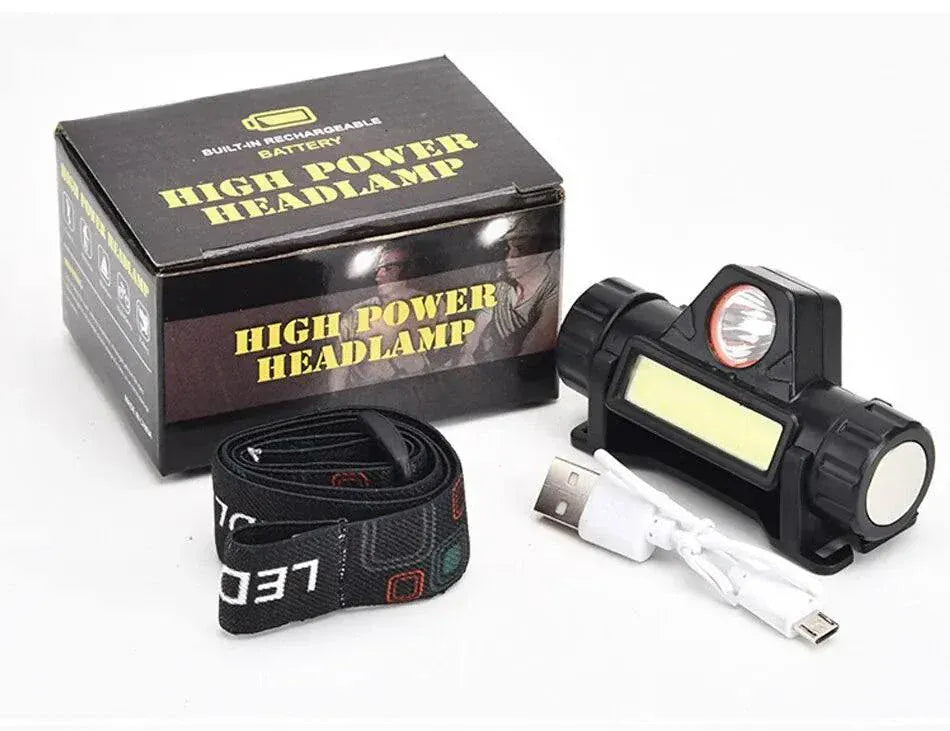 Rechargeable COB LED USB Headlamp - Powerful Waterproof Head Torch.