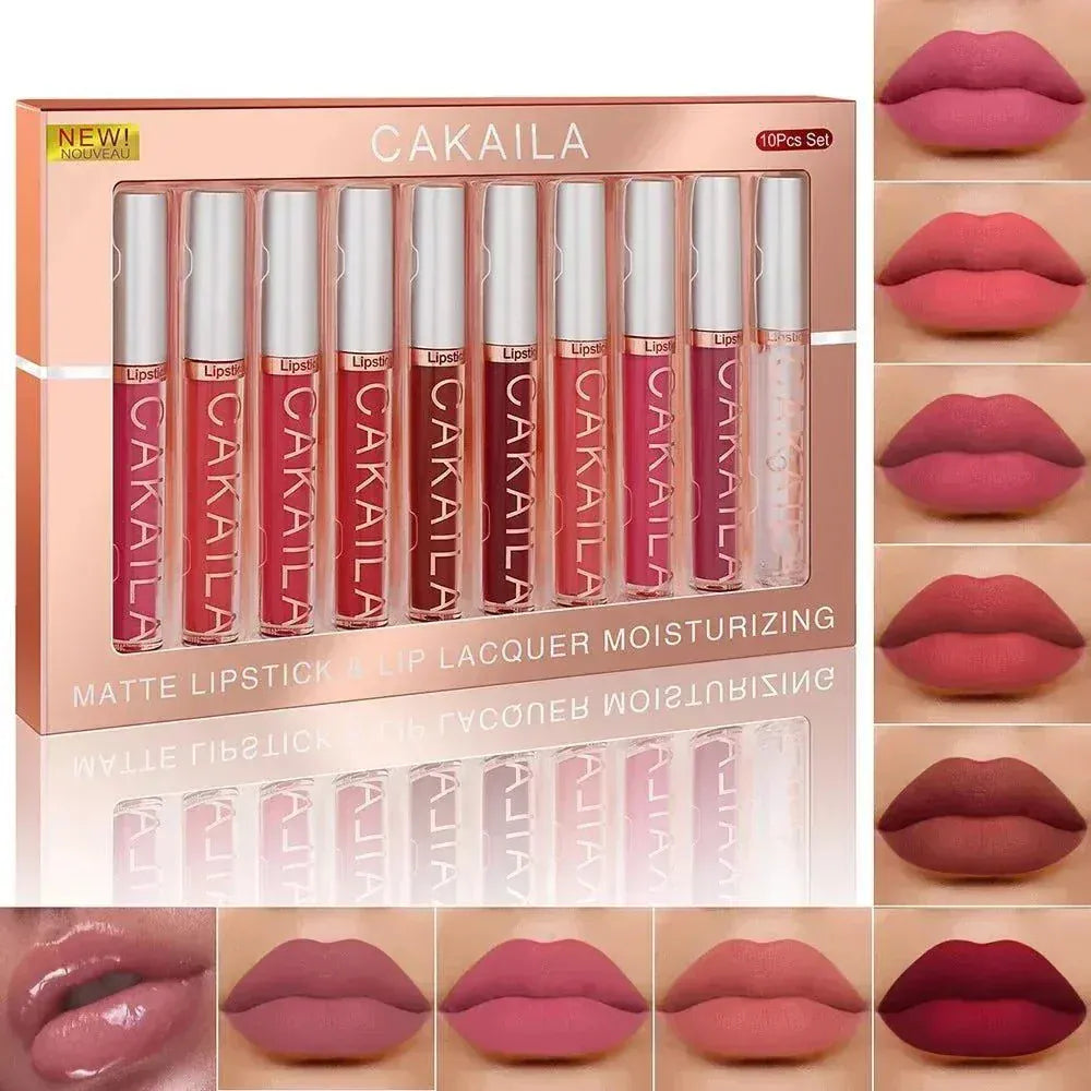 10pcs nude matte velvet long-lasting waterproof lip gloss set by CAKAILA with moisturizing liquid lipstick shades for women