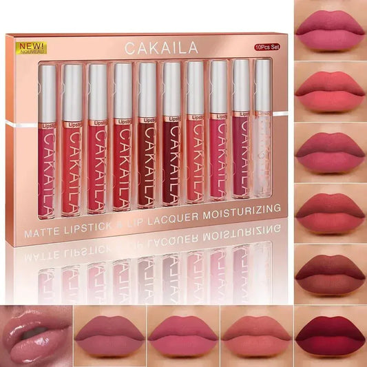 10pcs nude matte velvet long-lasting waterproof lip gloss set by CAKAILA with moisturizing liquid lipstick shades for women