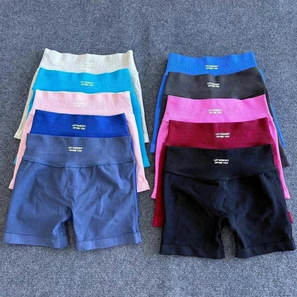 Women wearing seamless yoga shorts with scrunch bum design for gym and workout sessions