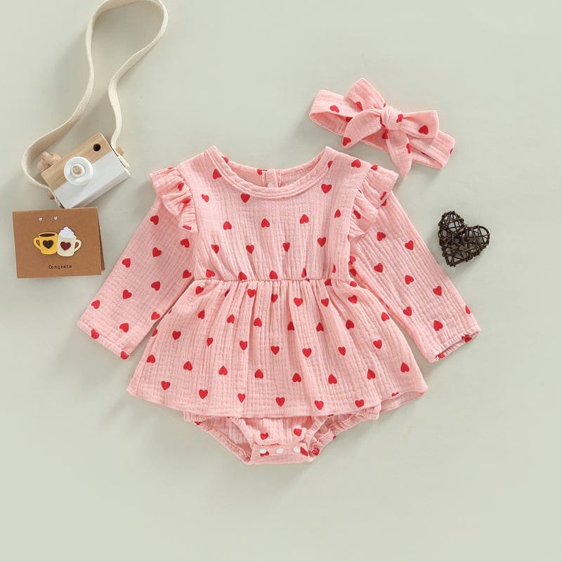 Romper Dress for Baby Girls - Valentine's Day Long Sleeve Jumpsuit.
