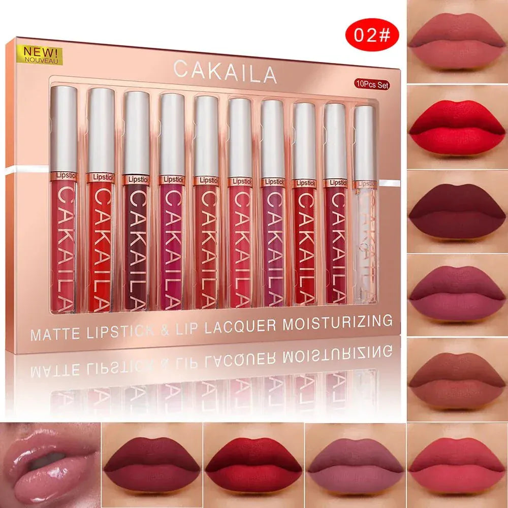 10-piece nude matte lip gloss set with smooth velvet texture and long-lasting waterproof formula