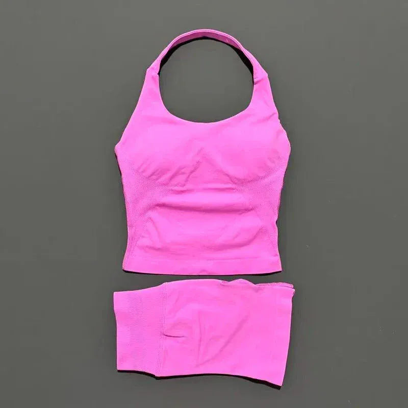 2 pcs HISTELLO halter top and shorts seamless yoga workout set for women